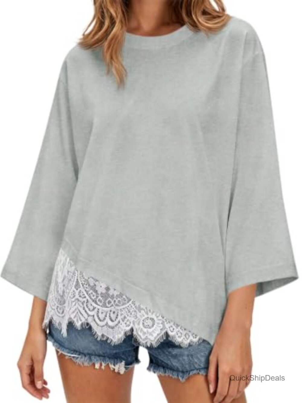 Womens Oversized 3/4 Sleeve T-Shirt Lace Trim Dressy Casual Top
